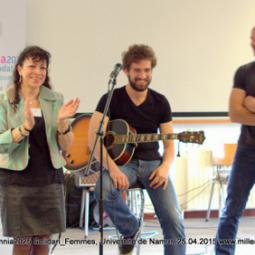 2015-04-25, Université de Namur, Conférence internationale Millennia2025 Solidari-Femmes, avec Karim Sarton et François Santin, de Adrénaline Superclub, qui ont créé et interprété la chanson 